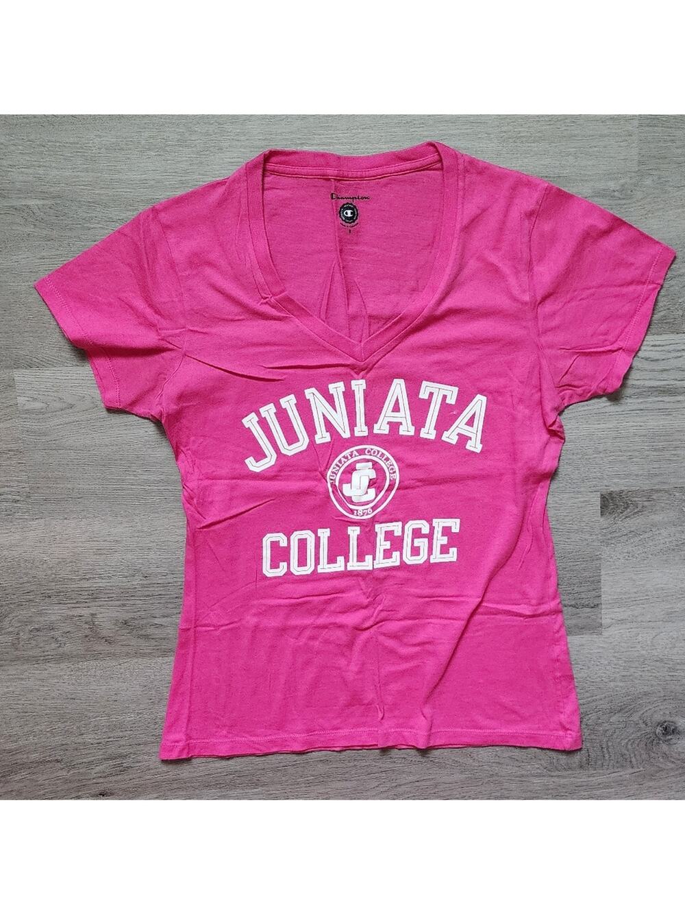 Champion Juniata College Women's Pink Short Sleeve V-Neck Graphic Tee Small S